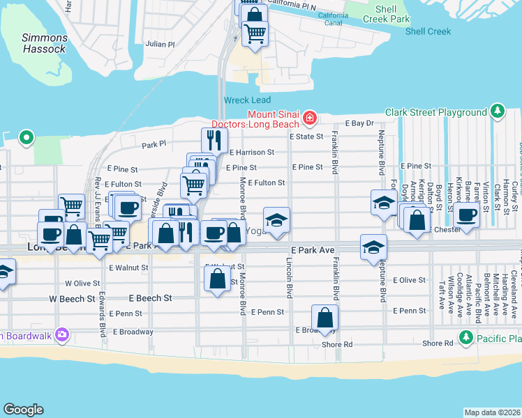 map of restaurants, bars, coffee shops, grocery stores, and more near 320 East Market Street in Long Beach