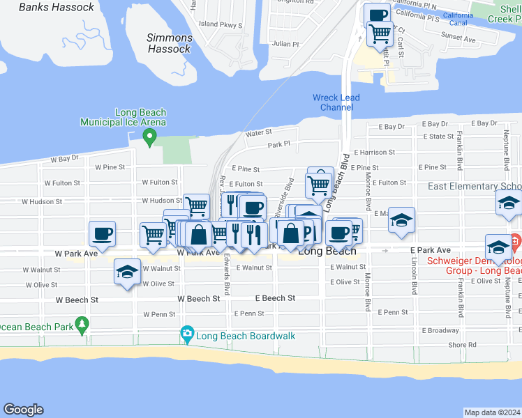 map of restaurants, bars, coffee shops, grocery stores, and more near 70 East Market Street in Long Beach