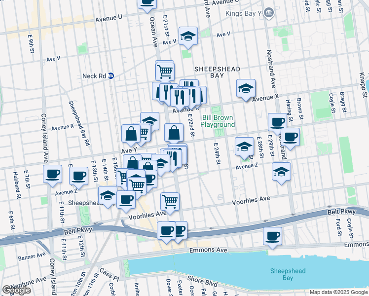 map of restaurants, bars, coffee shops, grocery stores, and more near 2555 East 21st Street in Brooklyn