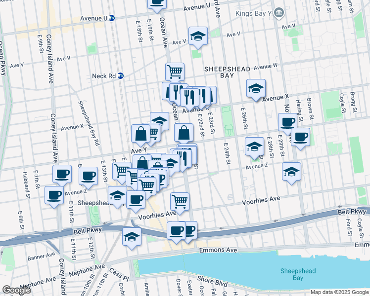map of restaurants, bars, coffee shops, grocery stores, and more near 2920 Ocean Avenue in Brooklyn