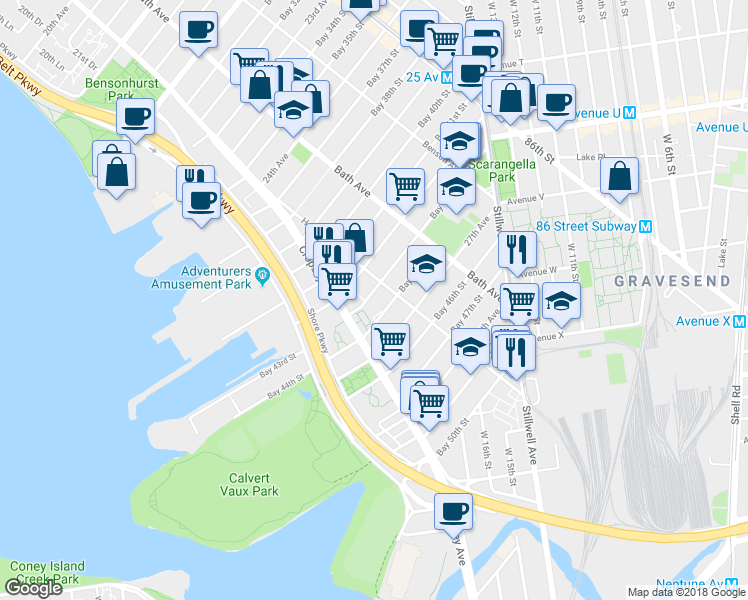 map of restaurants, bars, coffee shops, grocery stores, and more near 259 Bay 43rd Street in Brooklyn