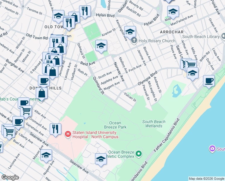 map of restaurants, bars, coffee shops, grocery stores, and more near 32 Winfield Street in Staten Island