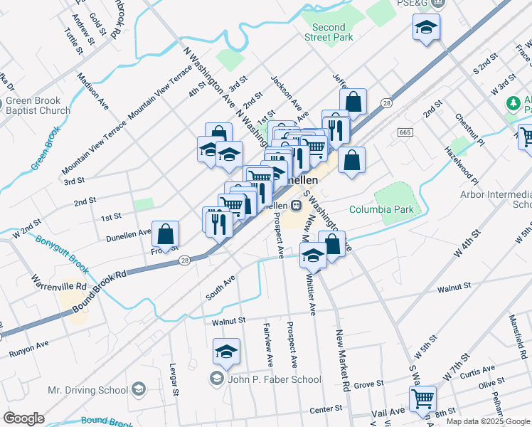 map of restaurants, bars, coffee shops, grocery stores, and more near 106 Prospect Avenue in Dunellen