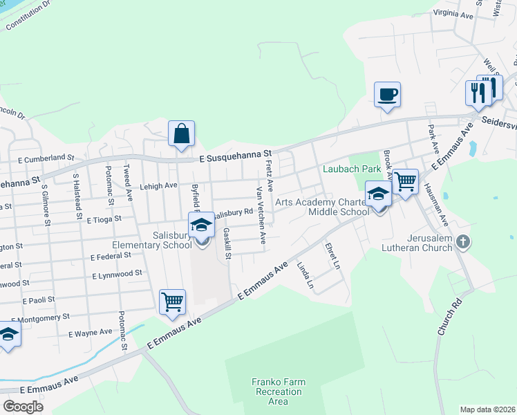 map of restaurants, bars, coffee shops, grocery stores, and more near 1230 Salisbury Road in Allentown
