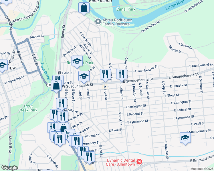 map of restaurants, bars, coffee shops, grocery stores, and more near 1 East Adams Street in Allentown