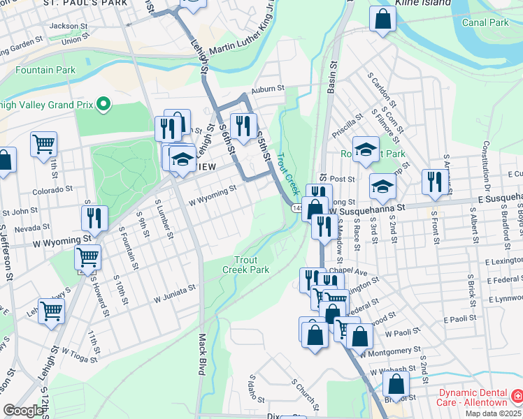 map of restaurants, bars, coffee shops, grocery stores, and more near 1101-1199 South 6th Street in Allentown