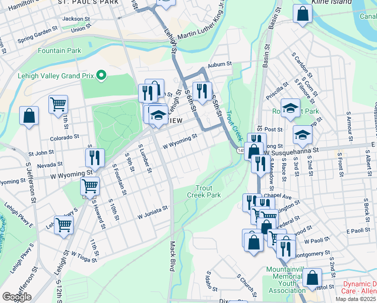 map of restaurants, bars, coffee shops, grocery stores, and more near 1033 South Hall Street in Allentown