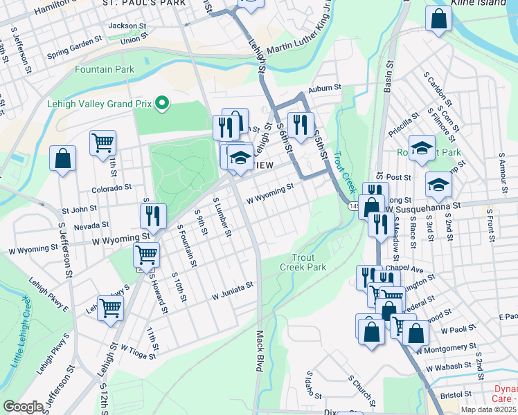 map of restaurants, bars, coffee shops, grocery stores, and more near 1021 South 8th Street in Allentown