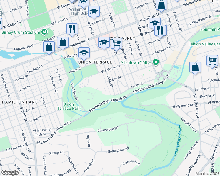 map of restaurants, bars, coffee shops, grocery stores, and more near 438 South 18th Street in Allentown