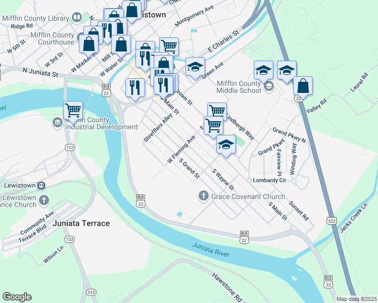 map of restaurants, bars, coffee shops, grocery stores, and more near 506 South Wayne Street in Lewistown