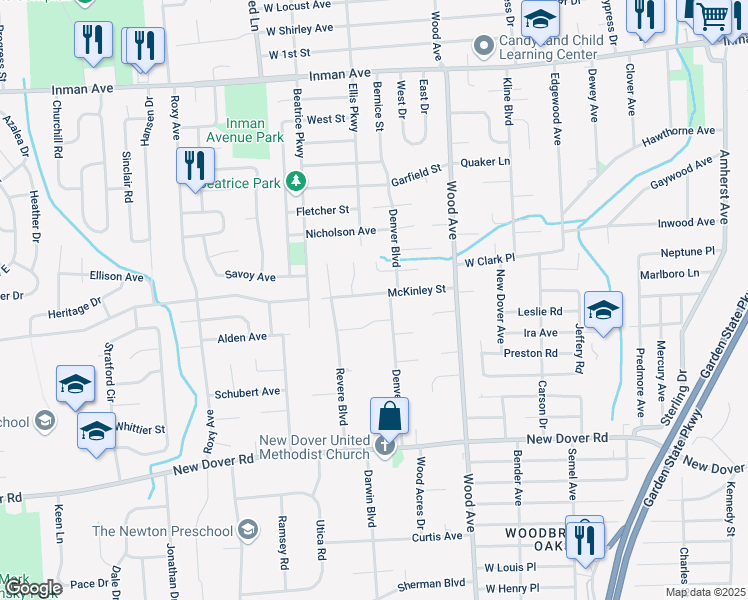 map of restaurants, bars, coffee shops, grocery stores, and more near 39 McKinley Street in Edison