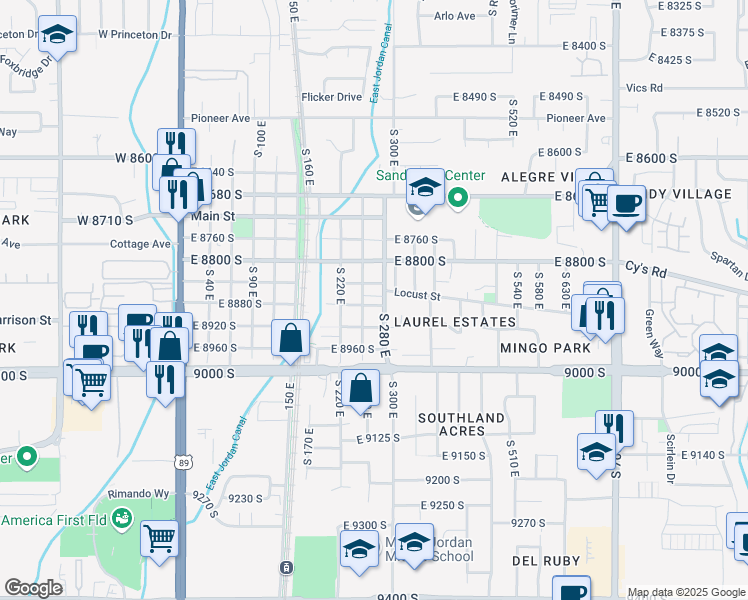 map of restaurants, bars, coffee shops, grocery stores, and more near 265 East 8880 South in Sandy