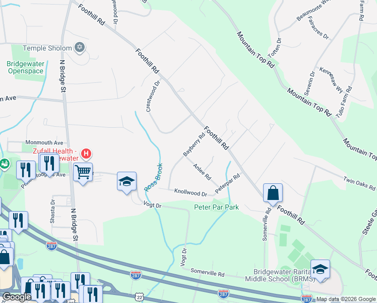 map of restaurants, bars, coffee shops, grocery stores, and more near 494 Anlee Road in Bridgewater Township