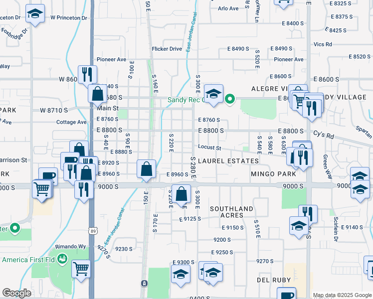 map of restaurants, bars, coffee shops, grocery stores, and more near 8897 South 280 East in Sandy