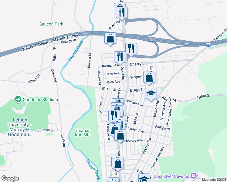 map of restaurants, bars, coffee shops, grocery stores, and more near 130 West High Street in Hellertown