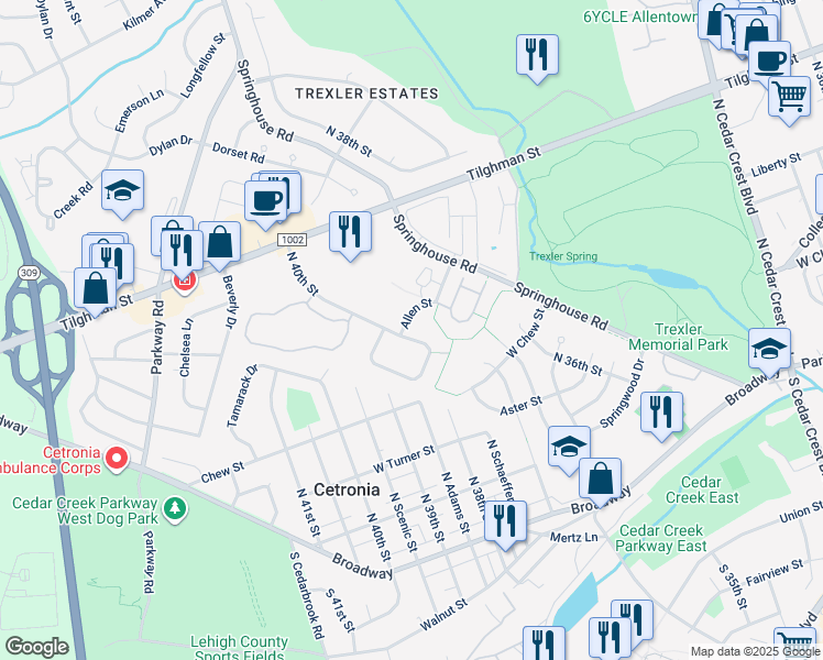map of restaurants, bars, coffee shops, grocery stores, and more near 3912 Allen Street in Allentown