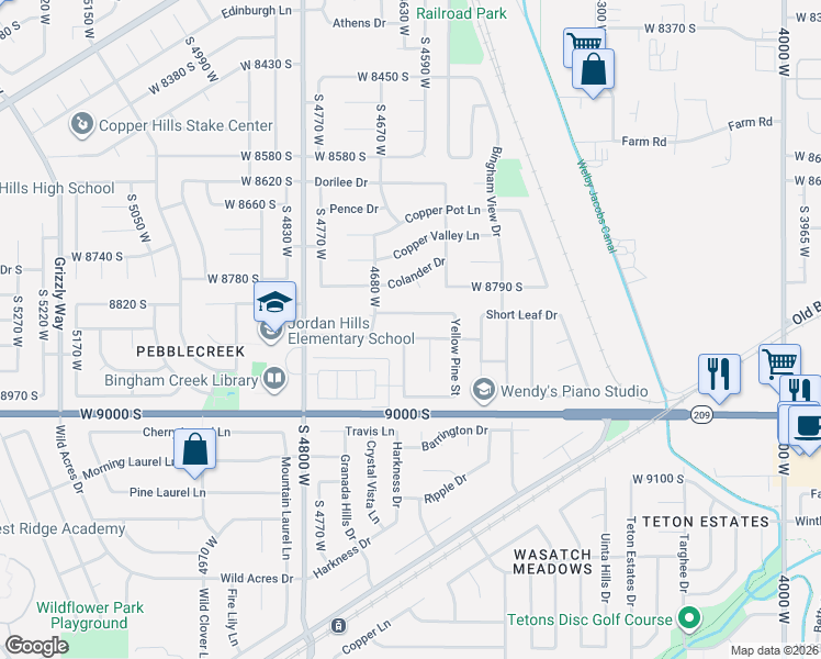 map of restaurants, bars, coffee shops, grocery stores, and more near 4624 Pine Crossing Drive in West Jordan