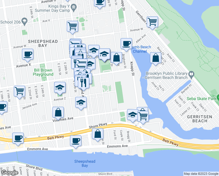 map of restaurants, bars, coffee shops, grocery stores, and more near 3011 Avenue Z in Brooklyn