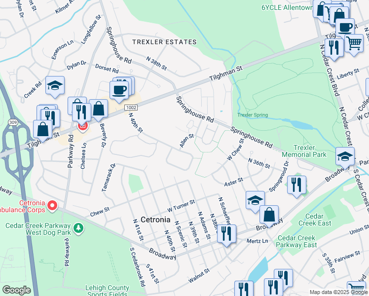 map of restaurants, bars, coffee shops, grocery stores, and more near 3912 Allen Street in Allentown