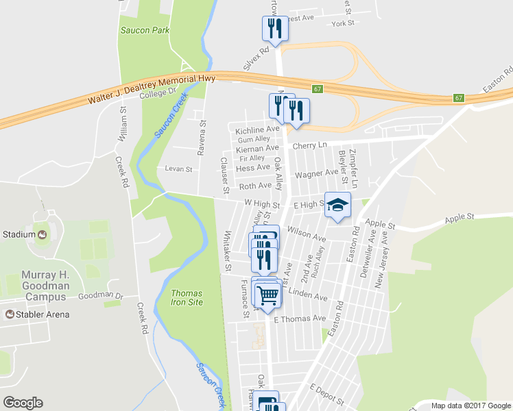 map of restaurants, bars, coffee shops, grocery stores, and more near 130 West High Street in Hellertown