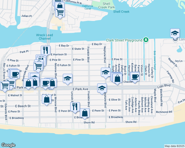 map of restaurants, bars, coffee shops, grocery stores, and more near 532 East Market Street in Long Beach