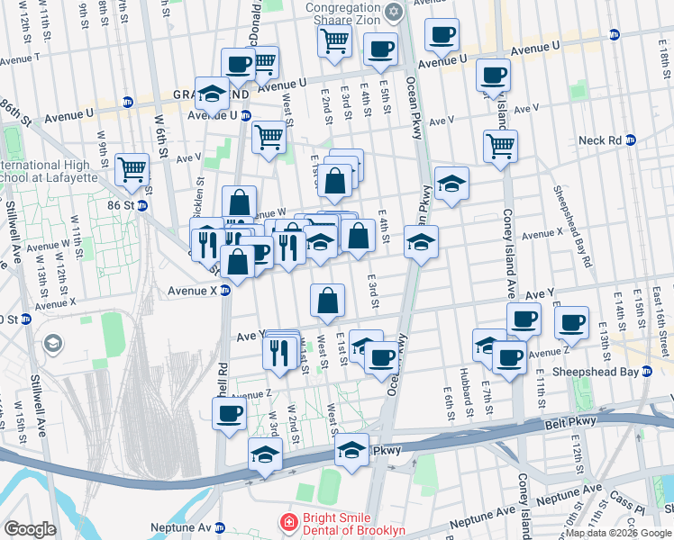 map of restaurants, bars, coffee shops, grocery stores, and more near 380 Avenue X in Brooklyn
