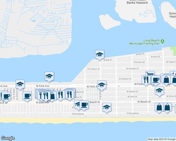 map of restaurants, bars, coffee shops, grocery stores, and more near 668 West Hudson Street in Long Beach