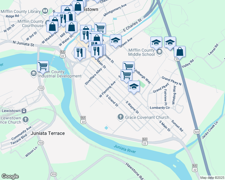 map of restaurants, bars, coffee shops, grocery stores, and more near 506 South Wayne Street in Lewistown