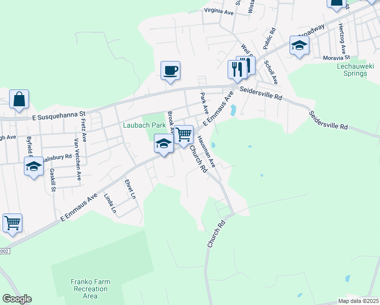 map of restaurants, bars, coffee shops, grocery stores, and more near 1532 Church Road in Allentown
