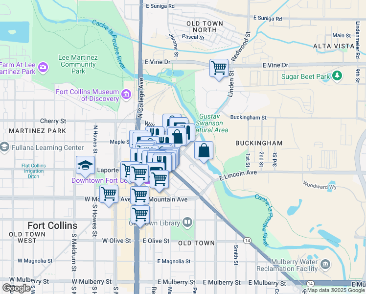 map of restaurants, bars, coffee shops, grocery stores, and more near 401 Linden Street in Fort Collins