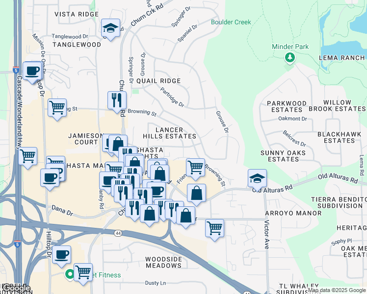 map of restaurants, bars, coffee shops, grocery stores, and more near Lancers Ln & Burton Dr in Redding
