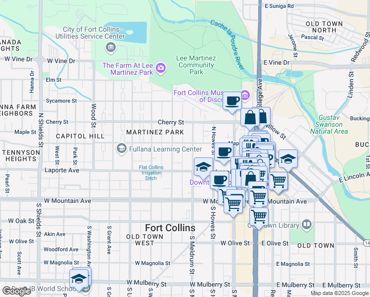 map of restaurants, bars, coffee shops, grocery stores, and more near 219 North Meldrum Street in Fort Collins