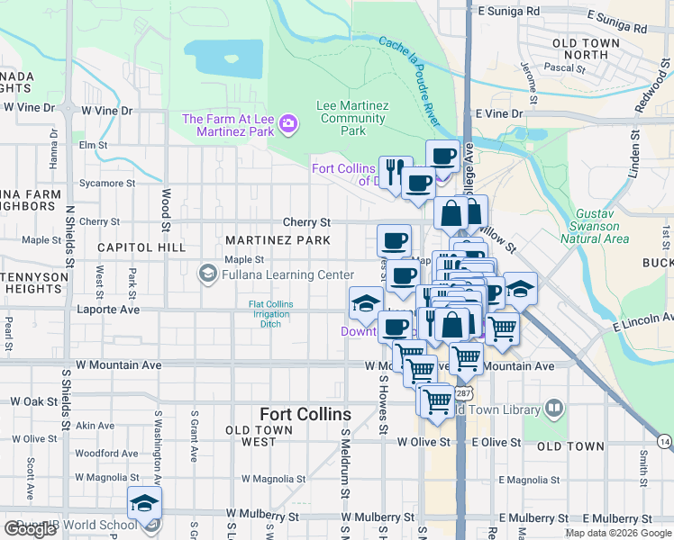 map of restaurants, bars, coffee shops, grocery stores, and more near in Fort Collins