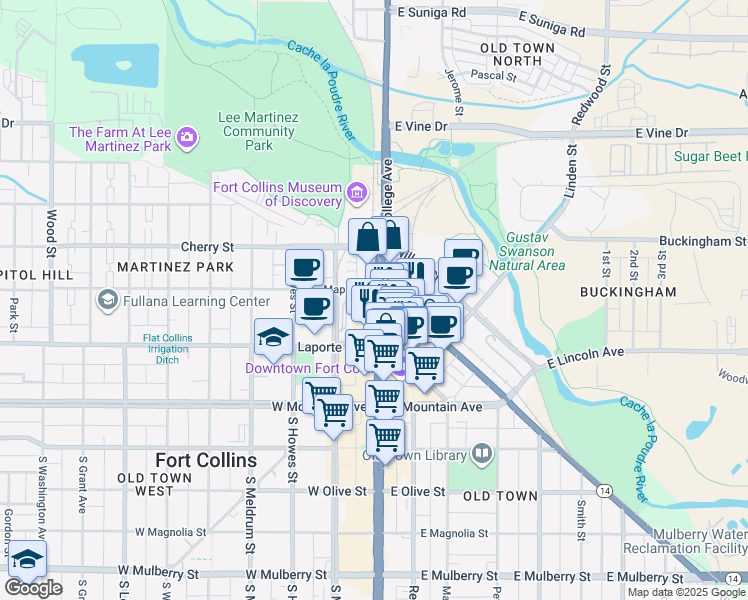 map of restaurants, bars, coffee shops, grocery stores, and more near 281 North College Avenue in Fort Collins