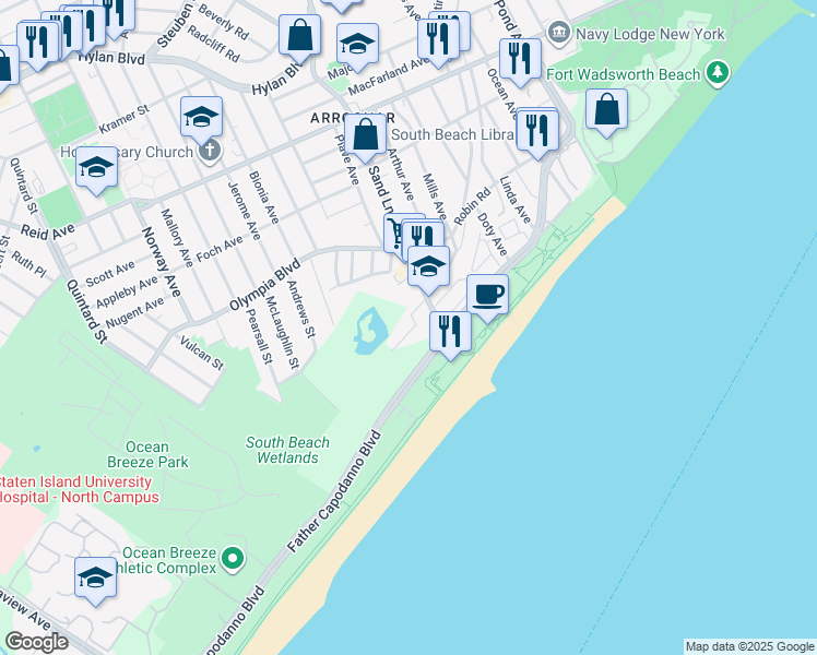 map of restaurants, bars, coffee shops, grocery stores, and more near 47 Crestwater Court in Staten Island