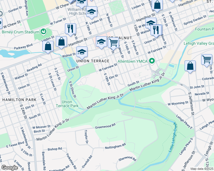map of restaurants, bars, coffee shops, grocery stores, and more near 438 South 18th Street in Allentown