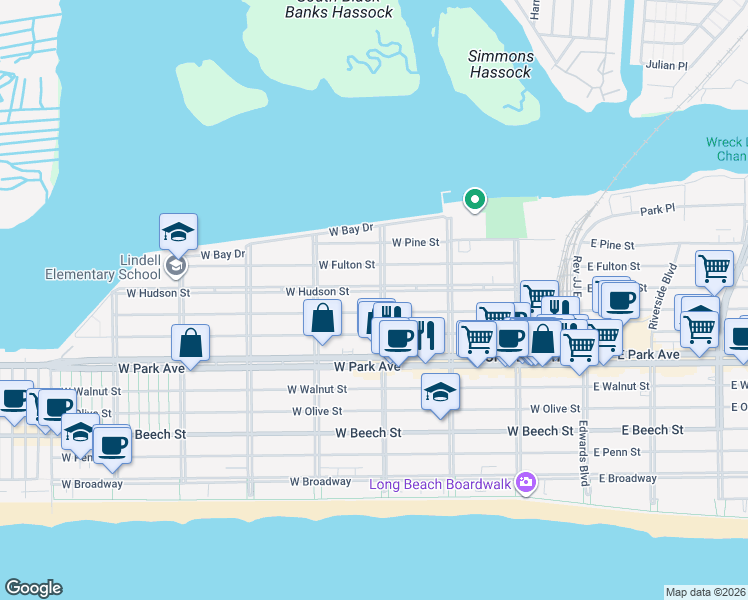 map of restaurants, bars, coffee shops, grocery stores, and more near 468 Laurelton Boulevard in Long Beach