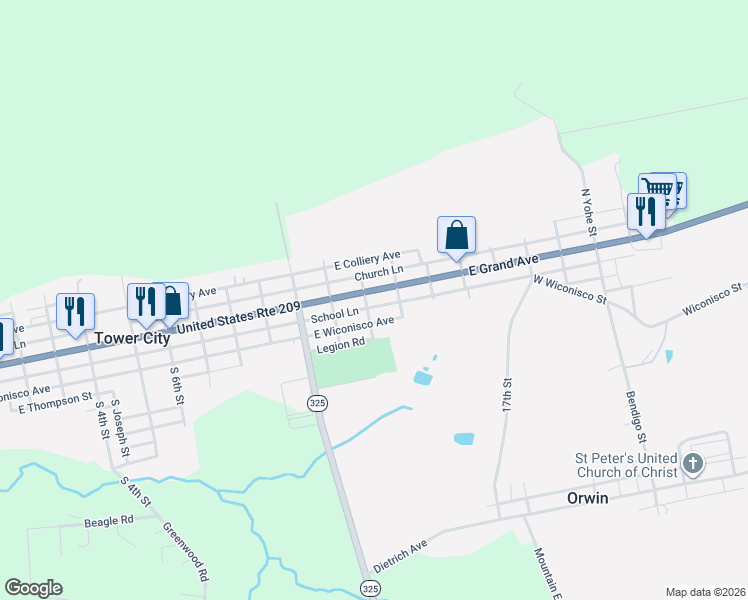 map of restaurants, bars, coffee shops, grocery stores, and more near 1217 East Wiconisco Avenue in Tower City