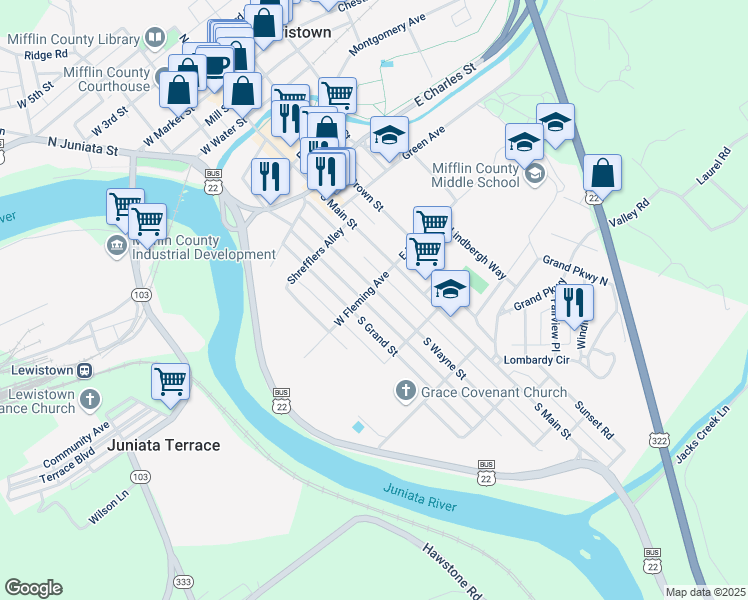 map of restaurants, bars, coffee shops, grocery stores, and more near 504 South Wayne Street in Lewistown