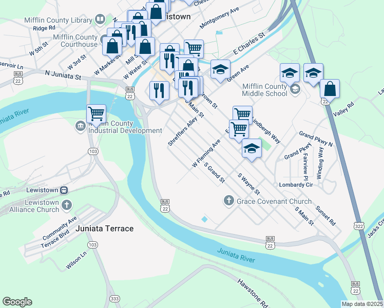 map of restaurants, bars, coffee shops, grocery stores, and more near 444 South Grand Street in Lewistown