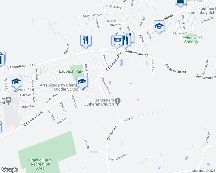 map of restaurants, bars, coffee shops, grocery stores, and more near 1531 Hausman Avenue in Allentown