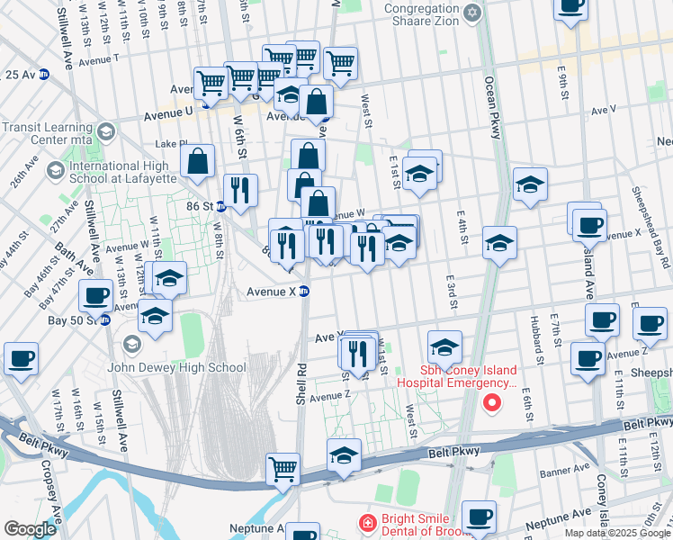 map of restaurants, bars, coffee shops, grocery stores, and more near 273 Avenue X in Brooklyn