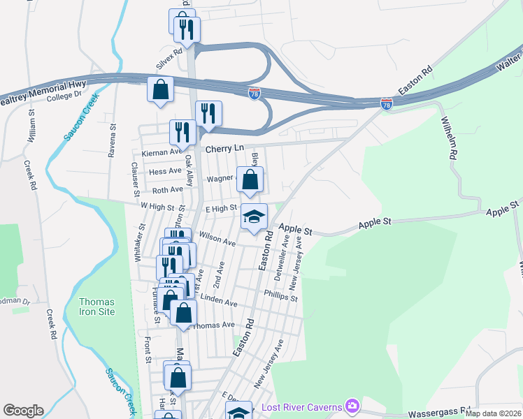map of restaurants, bars, coffee shops, grocery stores, and more near 1428 Keilman Avenue in Hellertown