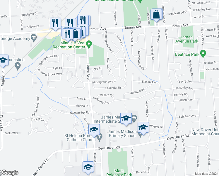 map of restaurants, bars, coffee shops, grocery stores, and more near 24 Lavender Drive in Edison