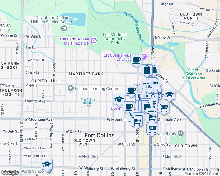 map of restaurants, bars, coffee shops, grocery stores, and more near in Fort Collins