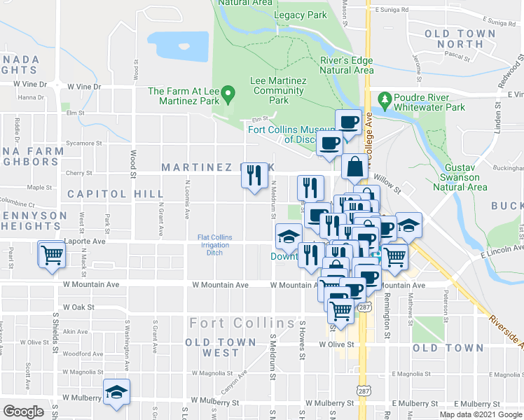 map of restaurants, bars, coffee shops, grocery stores, and more near in Fort Collins