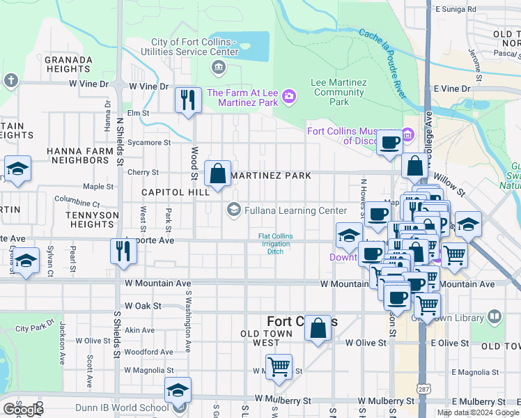 map of restaurants, bars, coffee shops, grocery stores, and more near 226 North Loomis Avenue in Fort Collins
