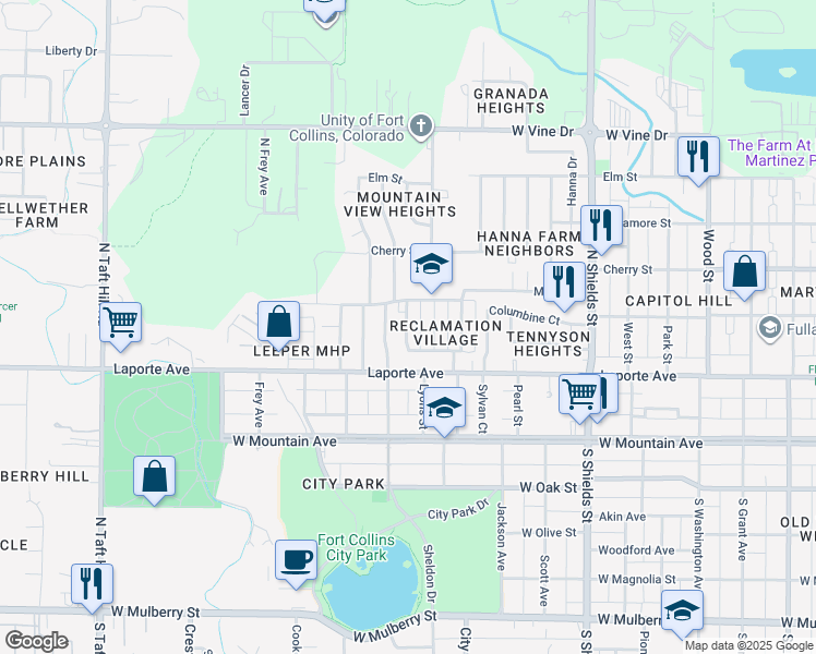 map of restaurants, bars, coffee shops, grocery stores, and more near 212 North Roosevelt Avenue in Fort Collins