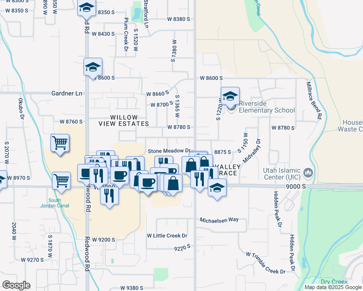 map of restaurants, bars, coffee shops, grocery stores, and more near 1332 Stone Meadow Drive in West Jordan
