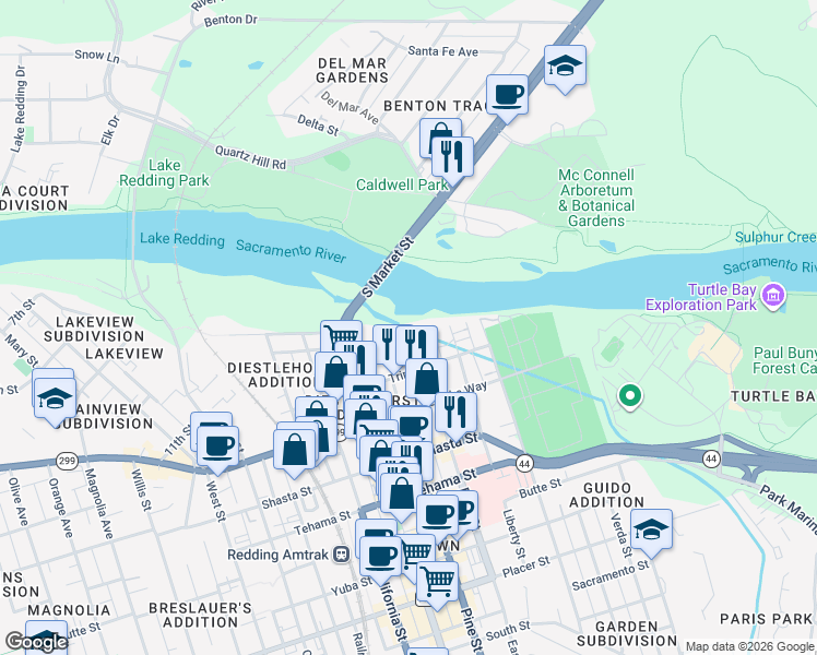 map of restaurants, bars, coffee shops, grocery stores, and more near 1046 East Street in Redding